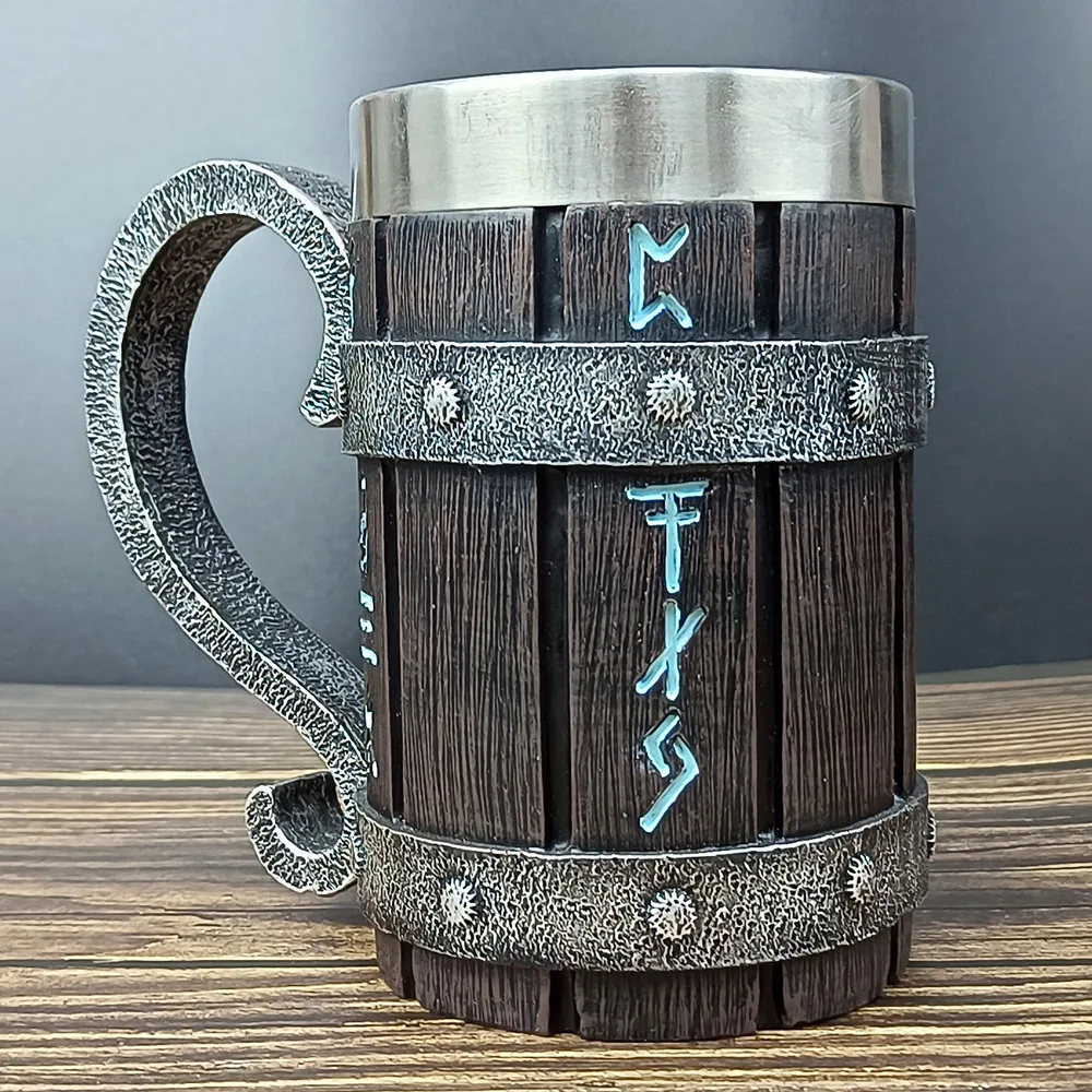 Large Capacity Black Wooden Barrel Viking Beer Mug Creative Resin Stainless Steel Liner Water Cup Coffee Cup Tea Mug
