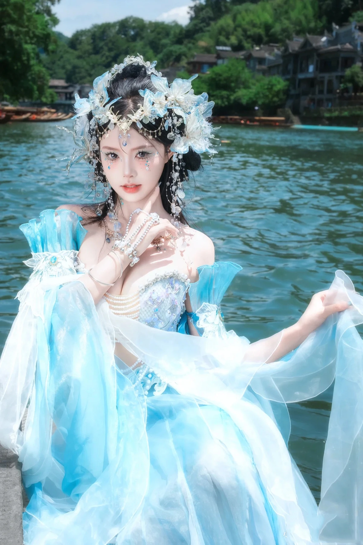 Mermaid Princess Bride Wedding Dress Headdress Xiuhe Hanfu Hair Accessory Tassel Forehead Chain Crown Travel Photography Elf