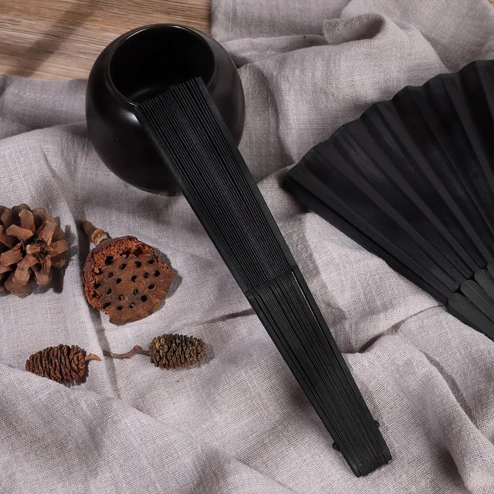 DIY Painting Desktop Ornament Home Party Decoration Chinese Style Bamboo Fans Ribs Black Silk Folding Fan Hand Held