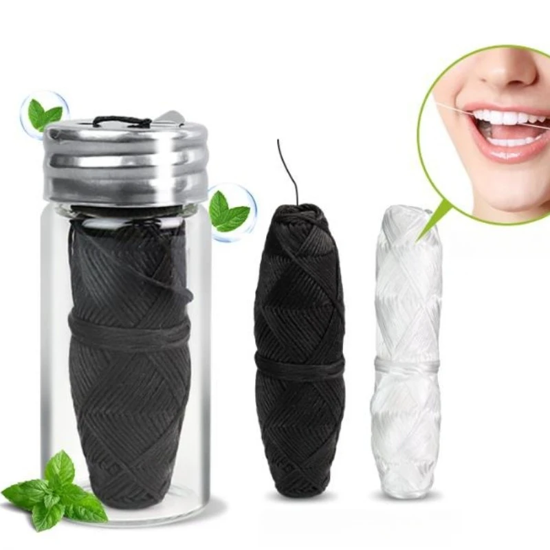 30m Vegan Biodegradable Bamboo Charcoal Dental Floss With Refillable Glass Holder Mint Flavored Tiny Floss (Black,White)