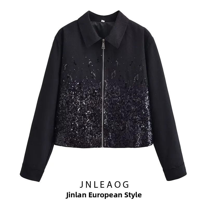 

Faionable Bead Jaet Women's ort Outerwear Stand Fit Polyester Fabric Long Sve Zipper Closure Flip Collar Jaet