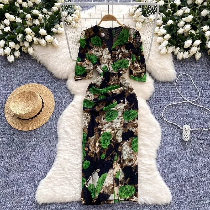 Robe mi-longue vintage à imprimé floral frais pour femmes, robe éducative, col en V croisé, manches courtes, tambour élégant, taille mince, hanche GT