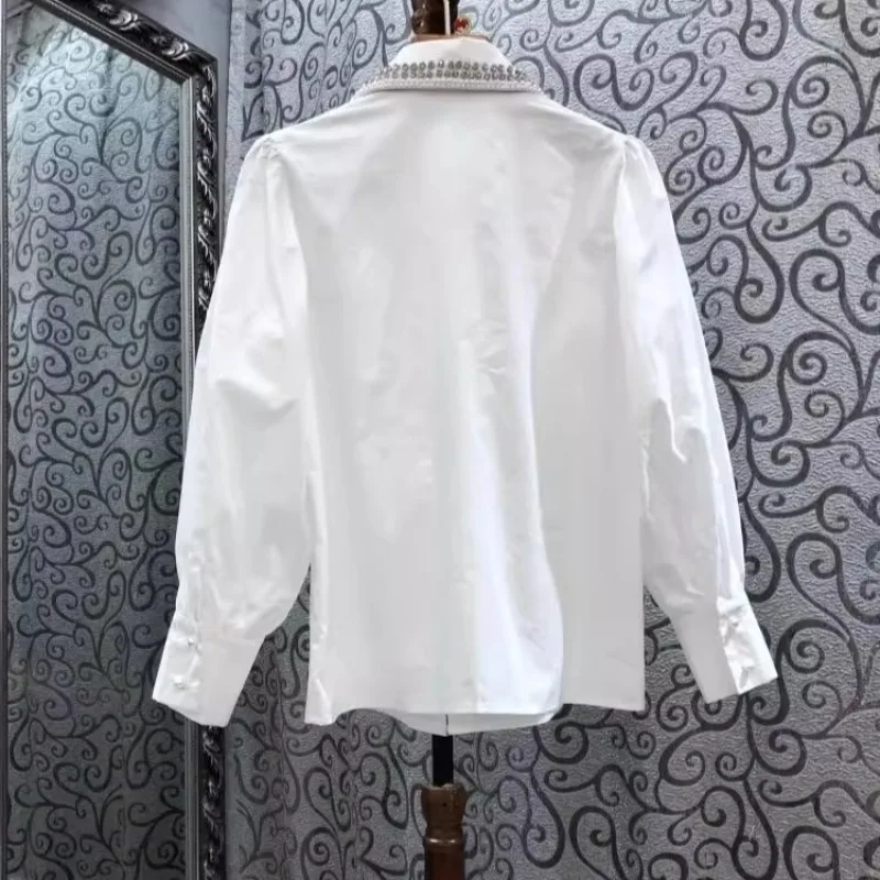 Women Shirts&blouses Solid Beading Vintage Spring Autumn Elegant Blusas Mujer Korean Fashion Sweet Chic Camisas