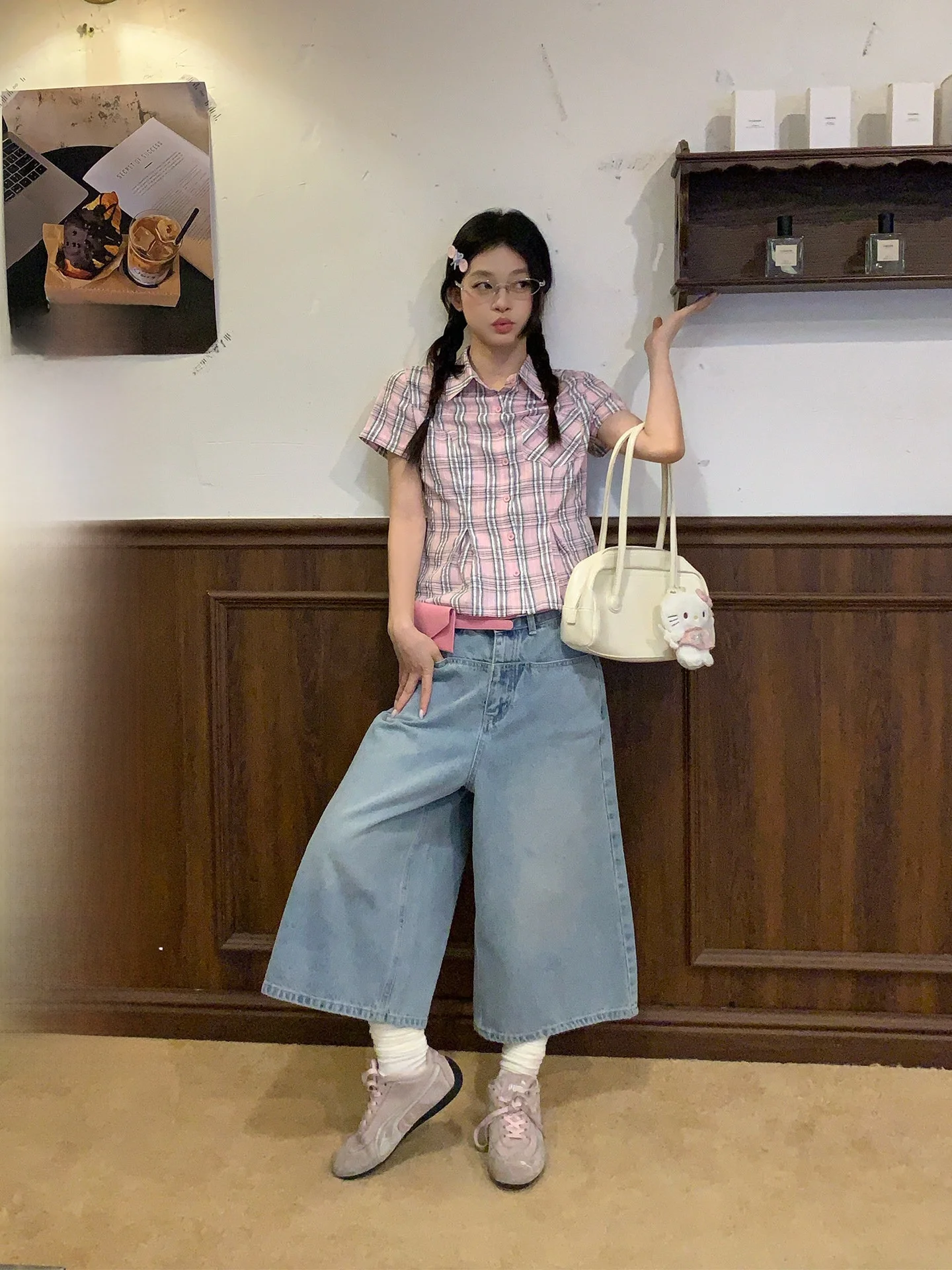 

Синие джинсы с высокой талией и широкими штанинами, женские летние повседневные свободные джинсы прямого кроя, джинсовые брюки 7/5, универсальные, в корейском стиле