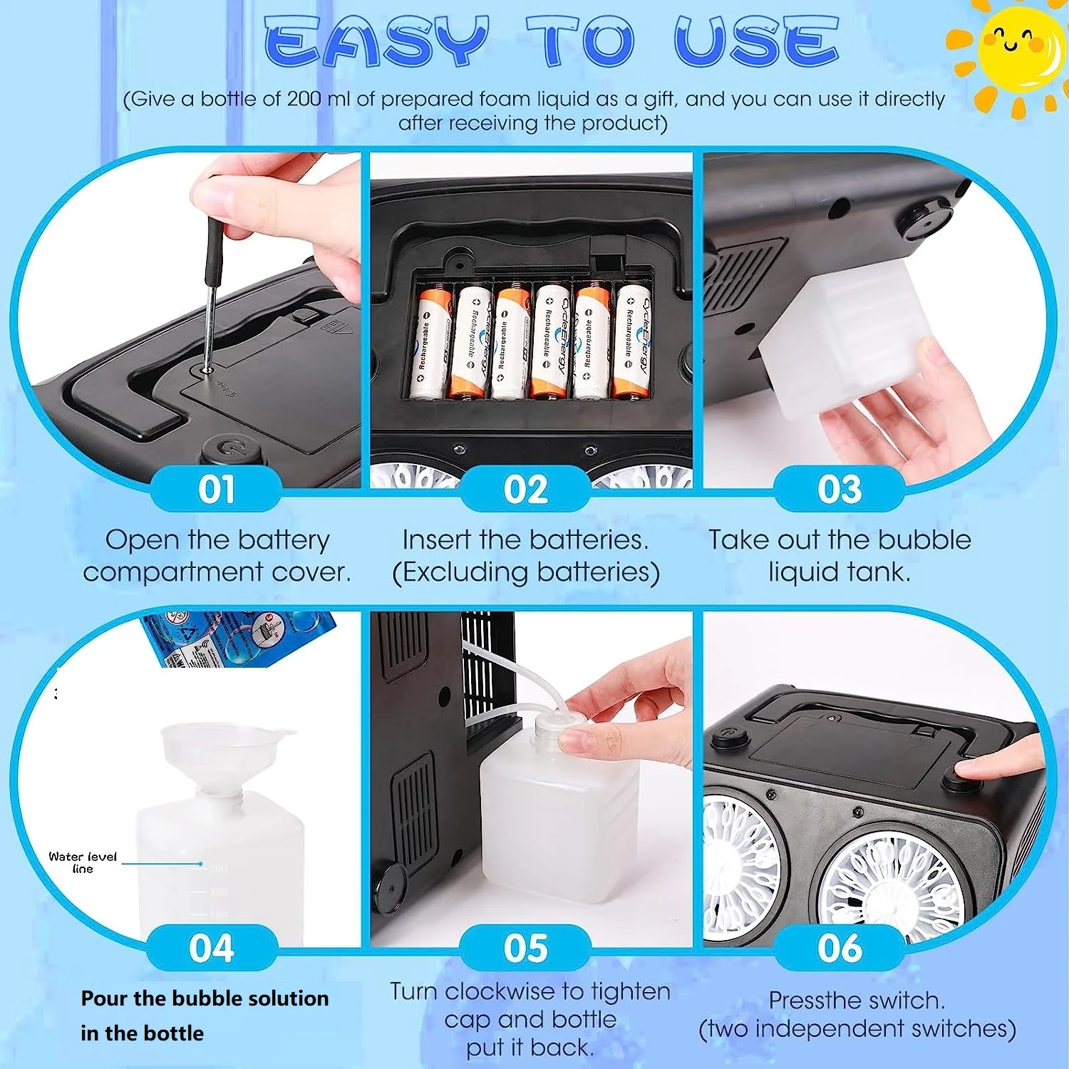 Seifenblasenmaschine mit 2 Geschwindigkeitsstufen, Blasen ab 20.000 Blasen/Minute, tragbare automatische Seifenblasenmaschine für Kinder und Kleinkinder, langlebige Seifenblasen