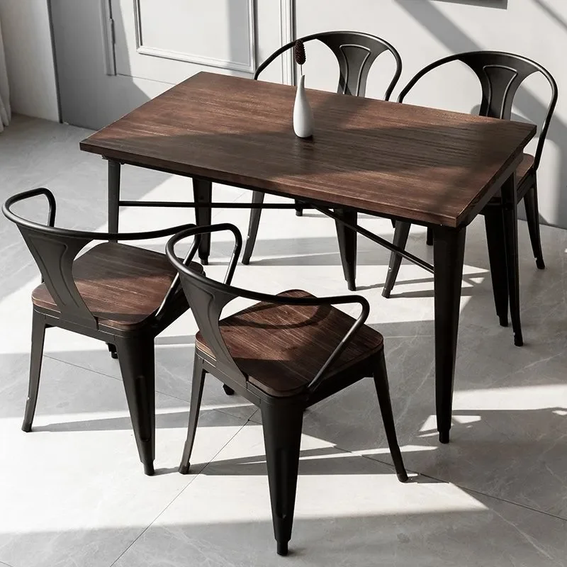 Solid Wood Dining Table Chairs Bar Set Cafe Table Industrial Wrought Iron Barbecue Retro Hot Pot