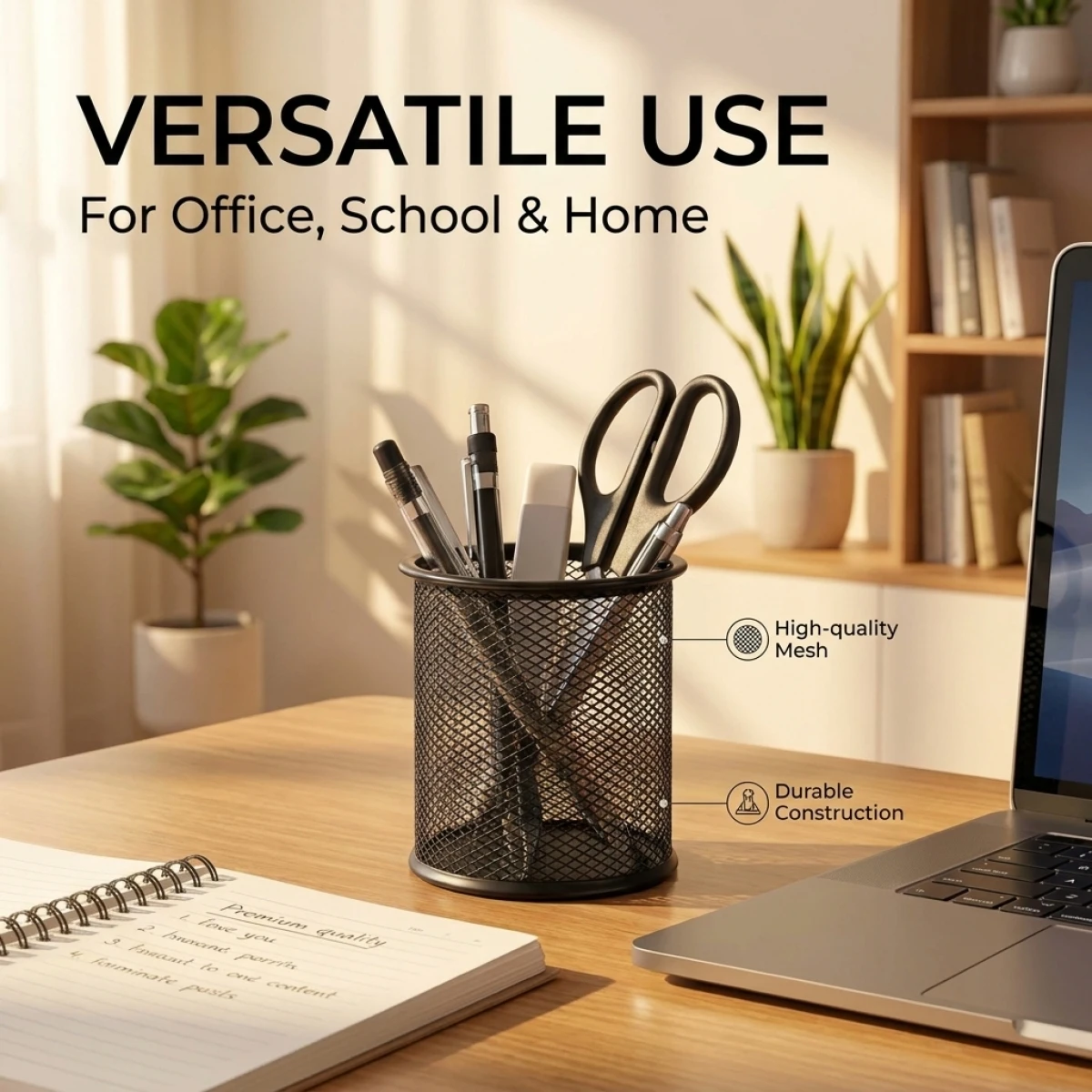 Multi-Purpose Black Mesh Pen Holde –Durable Anti-Rust,Storage for Desk,Home Office School,Fits Brushes&Tools,Compact&Stylish