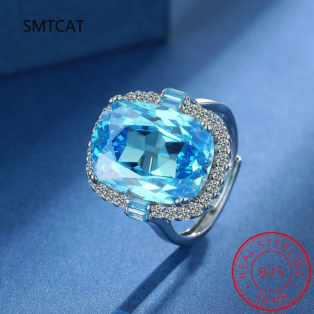 

Emerald Cut Natural Blue Topaz 925 Sterling Silver Ring Adjustable for Women Solitaire Gemstone Fine Jewelry Anniversary Gift