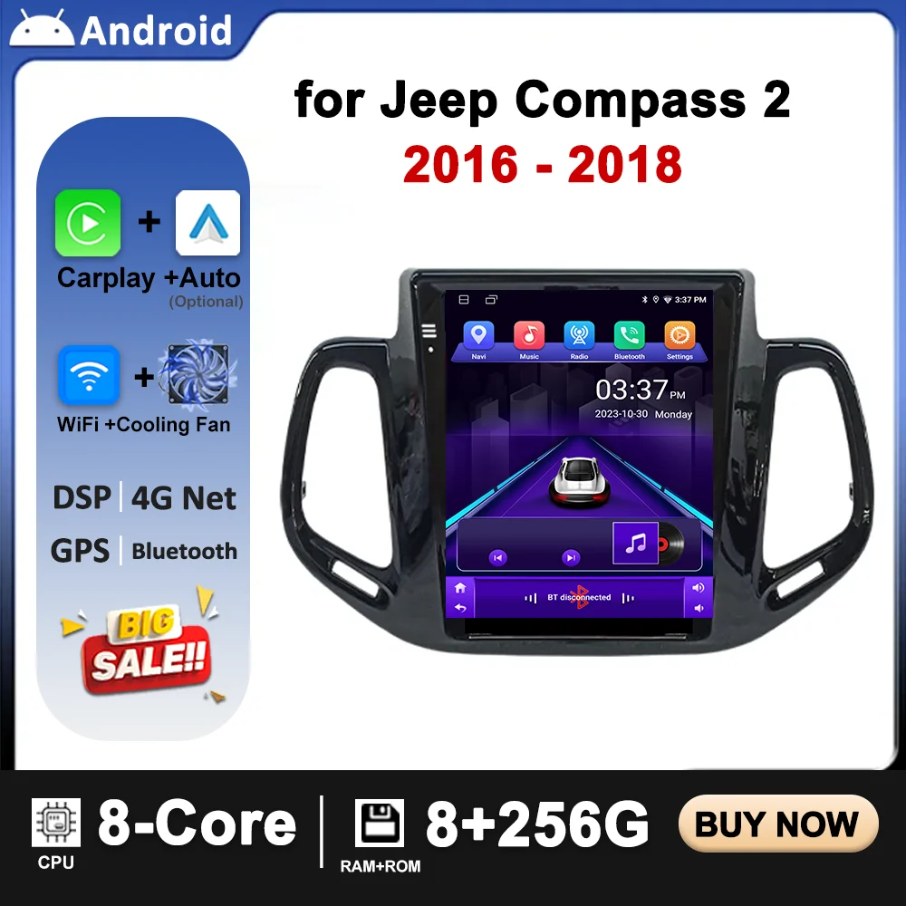 

For Jeep Compass 2016 2017 2018 2019 Car Radio Android 14 Automotive Multimedia Player GPS Navigation CarPlay Screen DSP Stereo