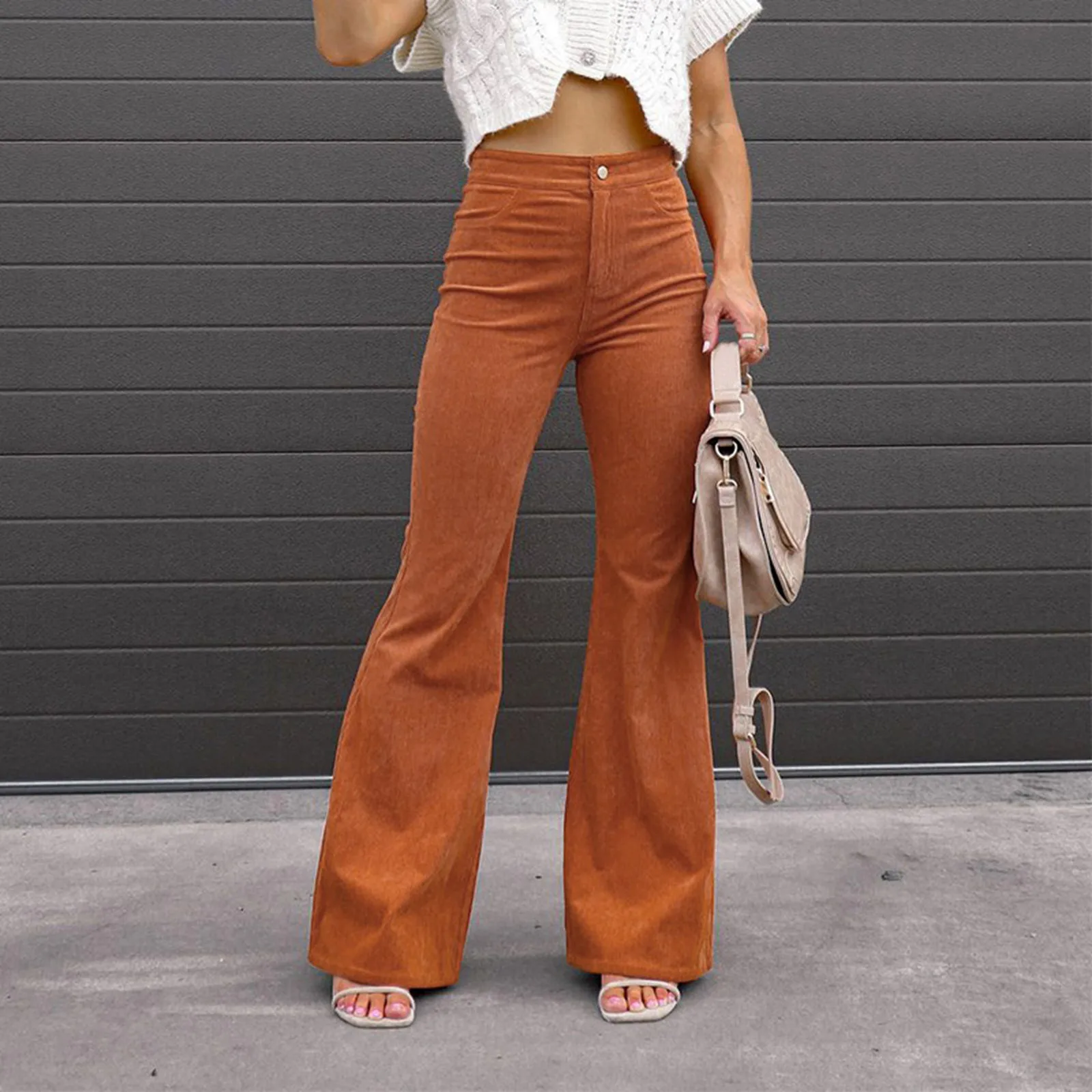 

Corduroy Pants for Women Solid High Waist Flare Pants Casual Stretchy Straight Bell Bottom Trousers with Pockets Autumn Winter