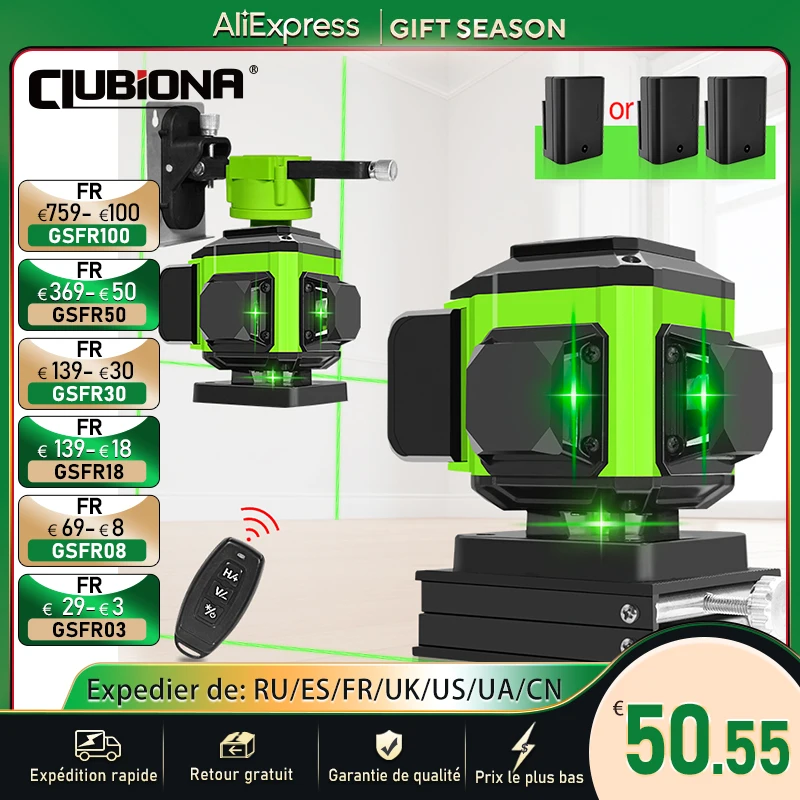 CLUBIONA 16/12 lines Self-leveling Remote Control Outdoor Mode - Receiver Auto 3x360 Green beam Line Laser Level