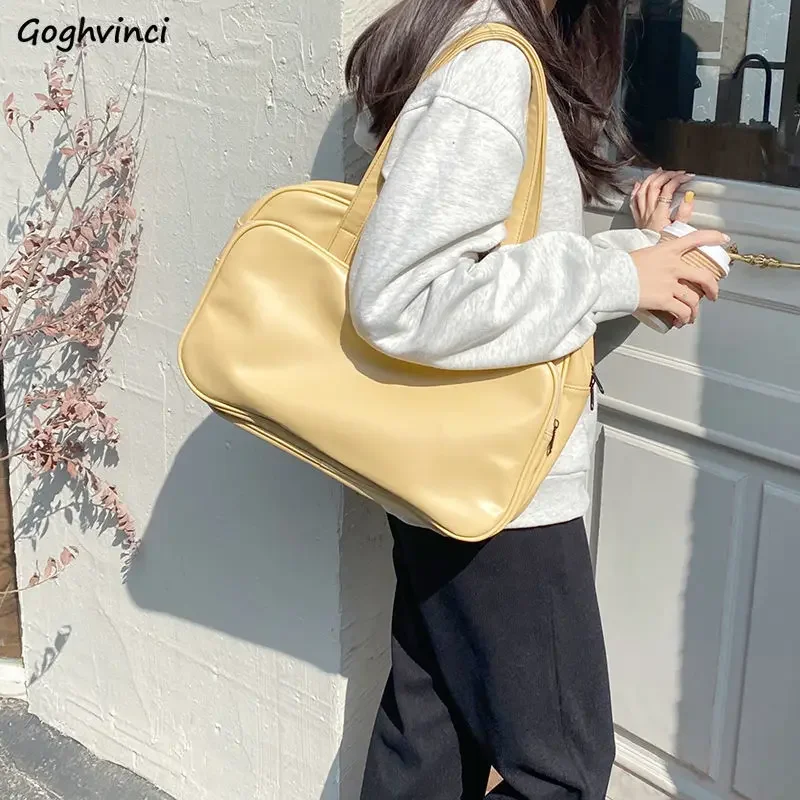 Shoulder Bags Women Solid Color Simple Students Large Capacity College Preppy Book Bag Harajuku Sweet Zipper Handbags Travel New