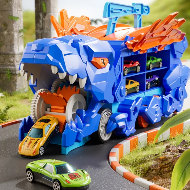 Transport Dinosaur Truck with Foldable Sliding Race Track Transforms Into Standing T-rex Best Birthday Gifts Toys Boys Girls