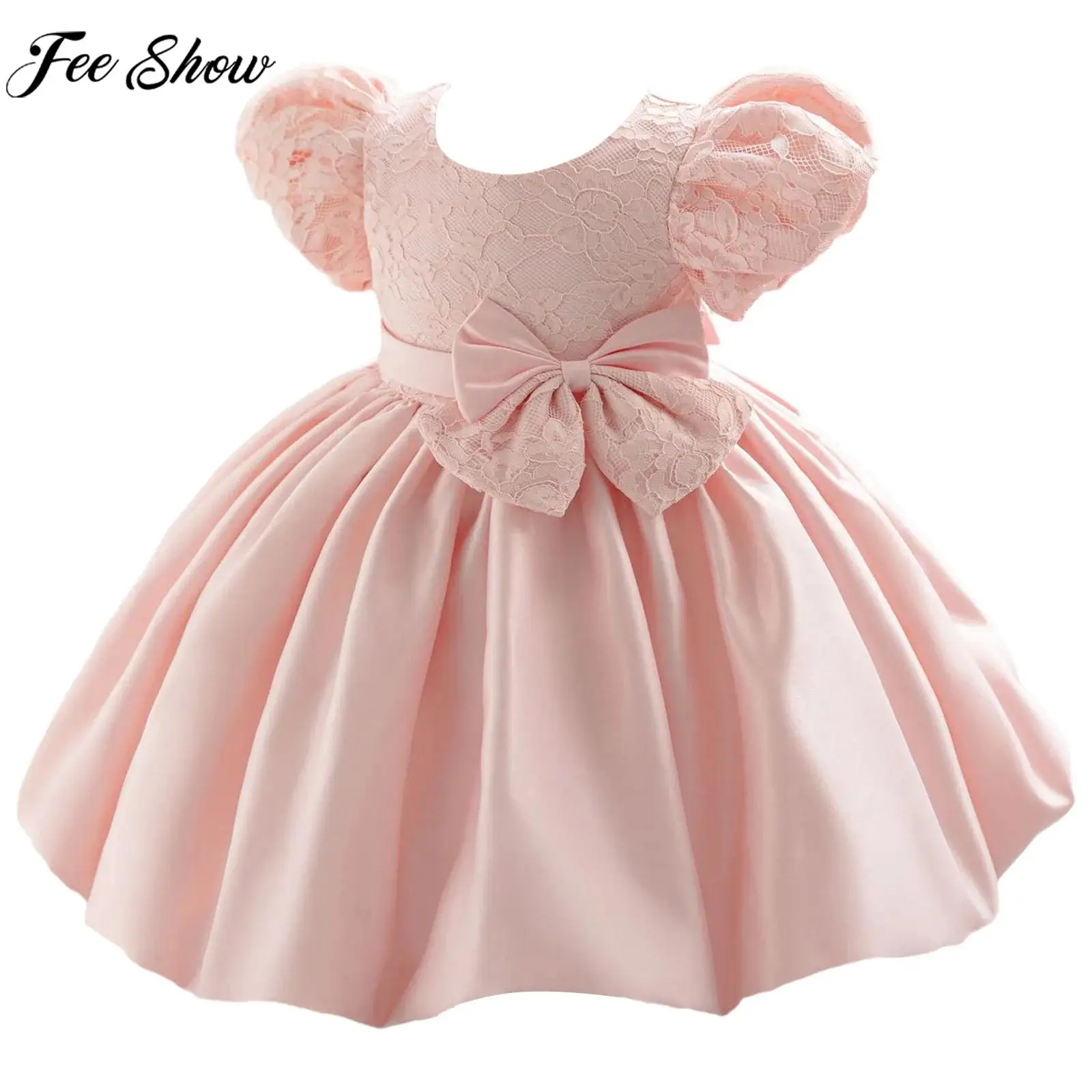 

Toddler Wedding Flower Girl Dress Puff Sleeve Lace Bowknot Mesh Satin Princess Dresses Baptism Birthday Party Pageant Ball Gown