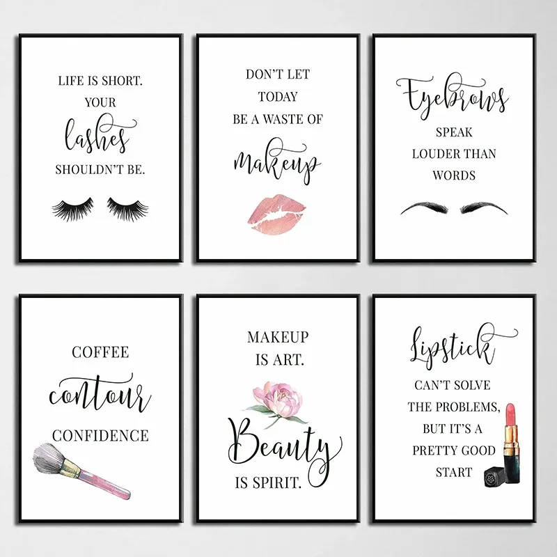 Makeup Quotes Poster Eyelash Eyebrows Lipstick Contour Lips Canvas Painting Print Wall Art Picture for Beauty Salon Home Decor
