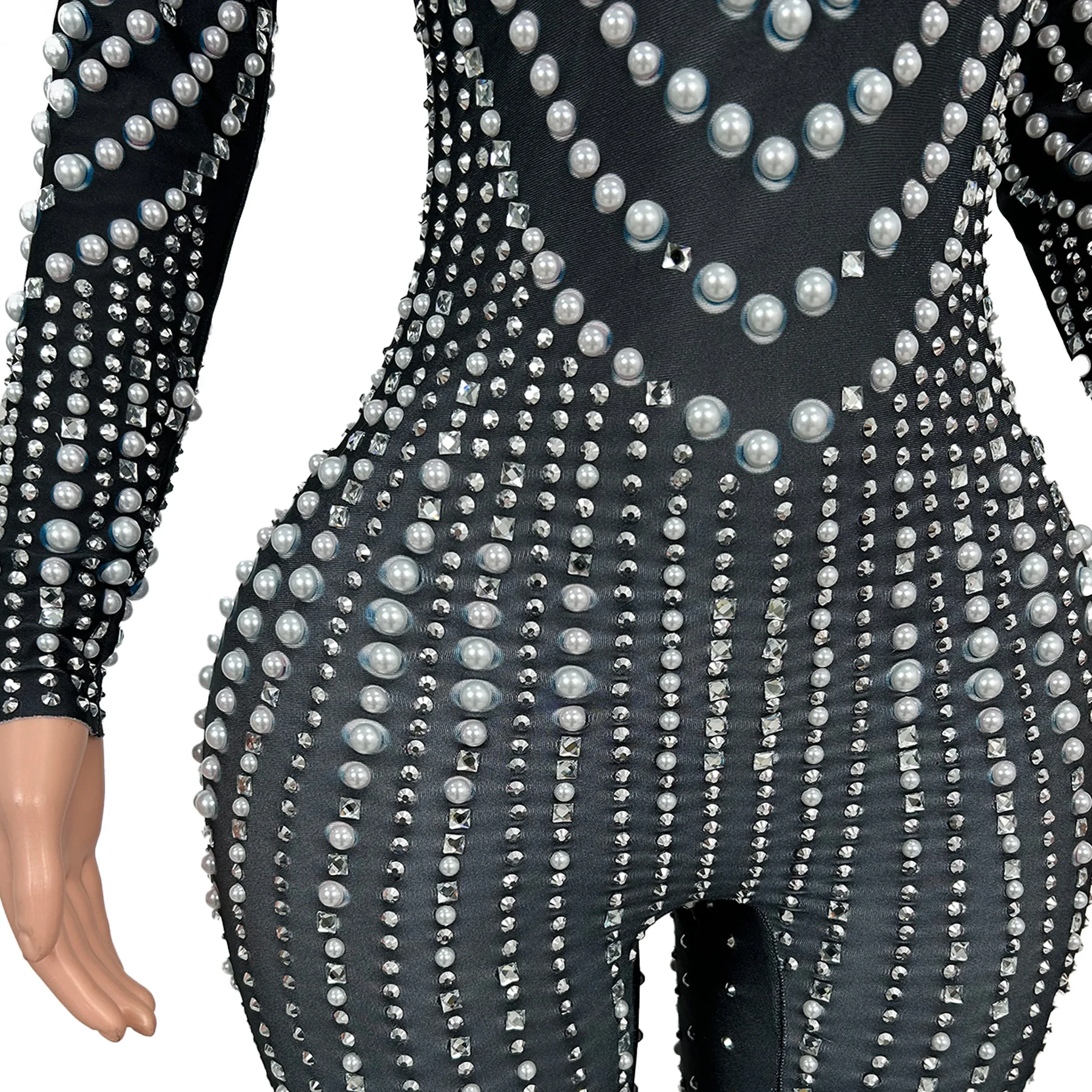 ชุดจั๊มสูทรัดรูปประดับมุกและคริสตัลสำหรับงานปาร์ตี้กลางคืน คาร์นิวัล  ชุดเต้นรำบนเวที ชุดดีเจ ชุดแสดง  เจิ้นจูหวัง