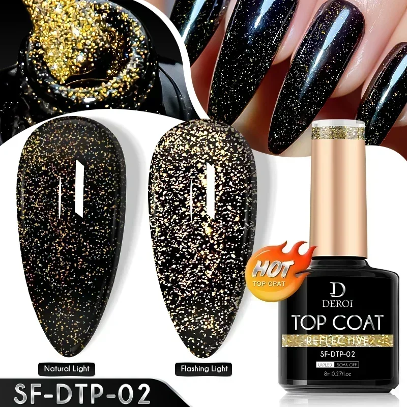 DEROI 8ml Flash Top Coat for Nail Art No Wipe White Dot Top Coat Glitter Aurora Flake Glossy Topcoat Varnish Seal UV Gel Polish