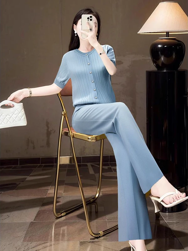 

Summer Blue Short Sleeve Knitted Top And Wide Leg Pants Two Piece Set Women's Fashion Casual Style Polyester Fiber 100%