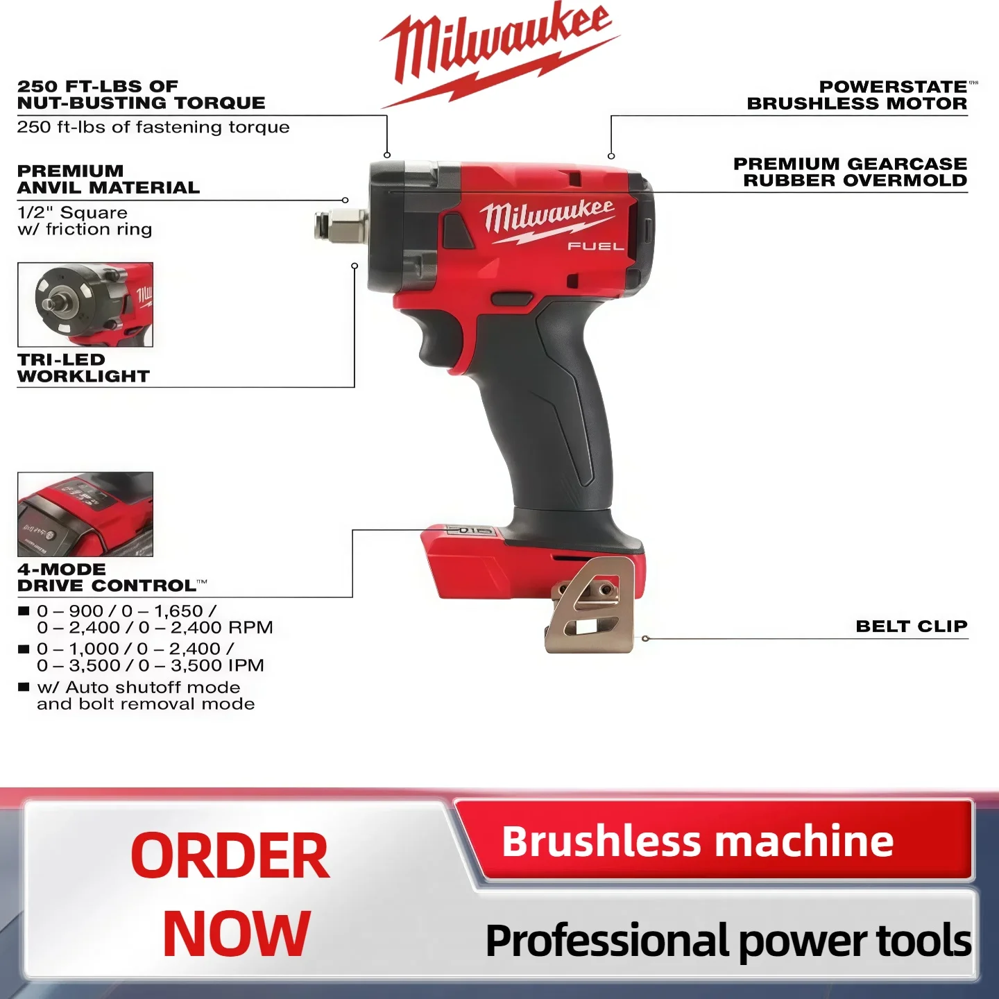 ميلووكي مفتاح ربط كهربائي لاسلكي مفك براغي بدون فرش تأثير الحفر أدوات كهربائية إصلاح شاحنة السيارة لبطارية 18 فولت #4