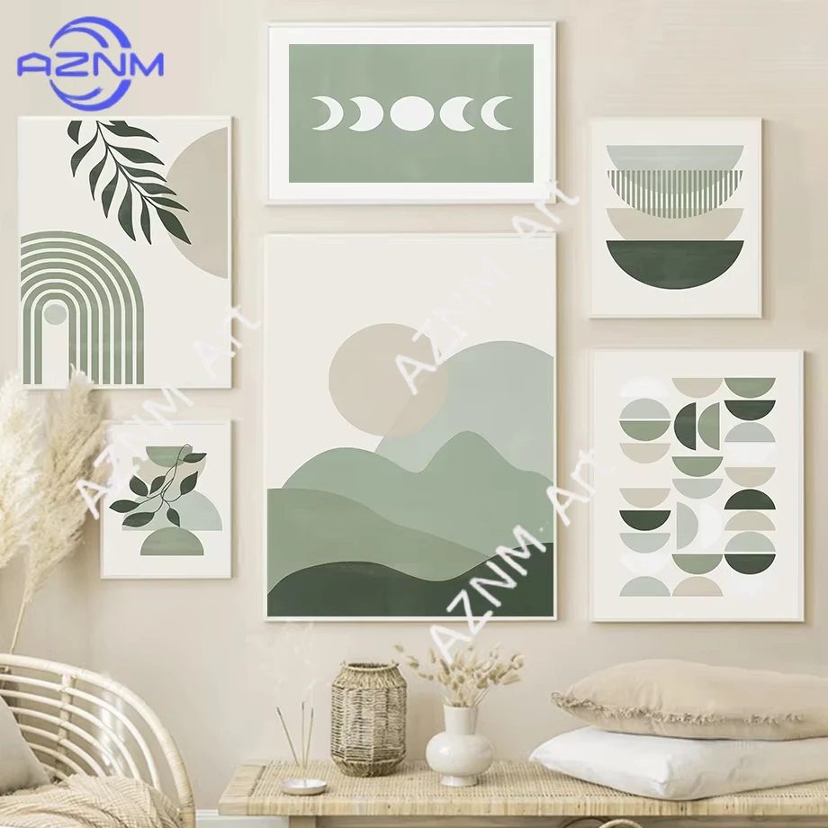 1Pc/6Pcs Boho Mountain Sun Moon Rainbow Leaf Geometry Wall Art Canvas Painting Abstract Posters And Prints For Living Room Decor
