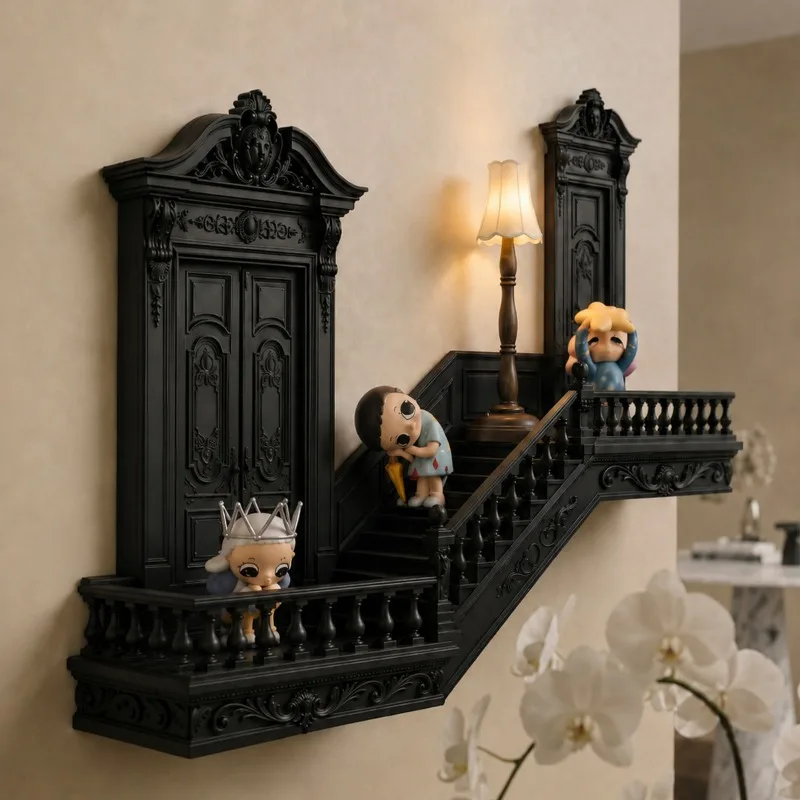 Vintage Carved Mini Staircase Wall Decor Display Scene Optional LED Lighting Dollhouse Ornament Shelf for BJD OB11 Blind Box