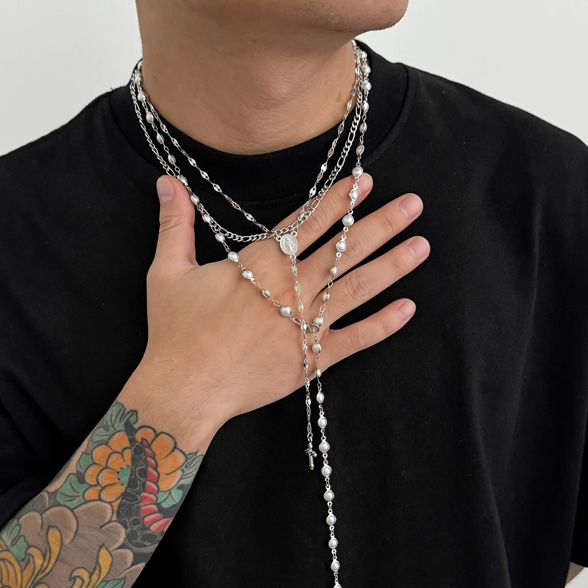 

SHIXIN 3Pcs/Set HipHop Multilayer Stacked Imitation Pearl Choker Necklace for Men Goth Jesus Cross Pendant Necklace Male Jewelry