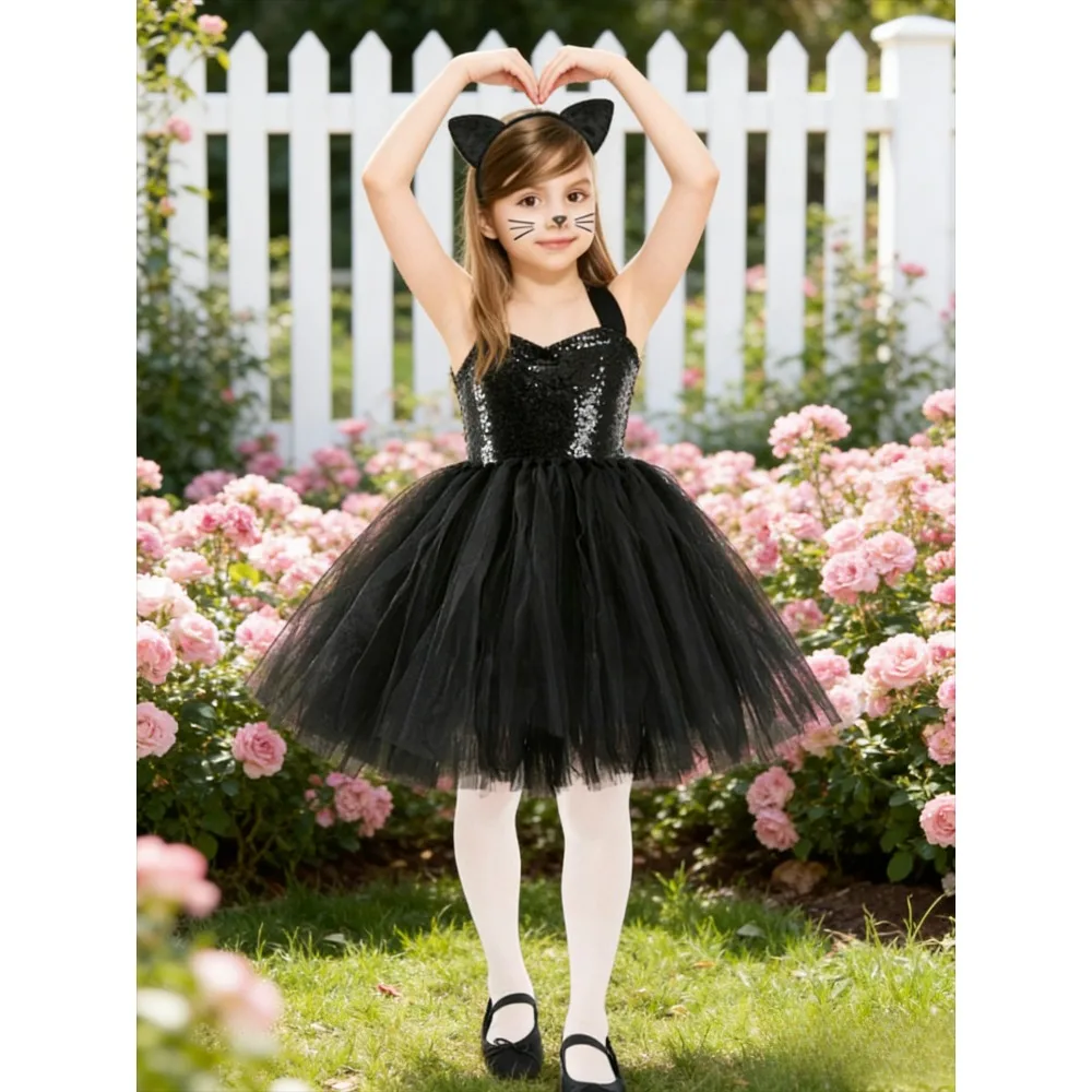 

Kids Black Cat Costume Tutu Dress, Girl's Animal Cosplay Outfit, Halloween Party Fancy Dress, Children's Performance Costume