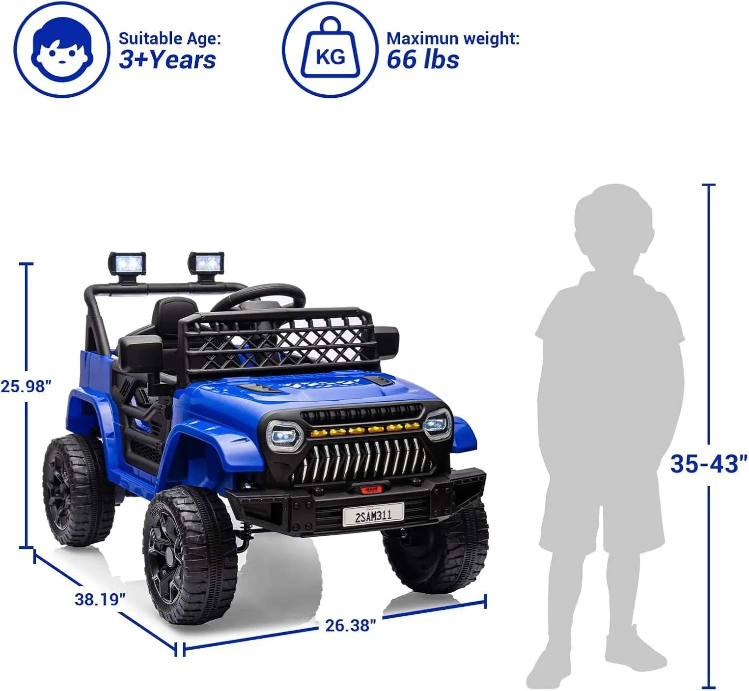 Carro infantil de 12V com controle remoto, caminhão elétrico de 4 rodas para crianças, display de bateria, suspensão de mola, luz LED