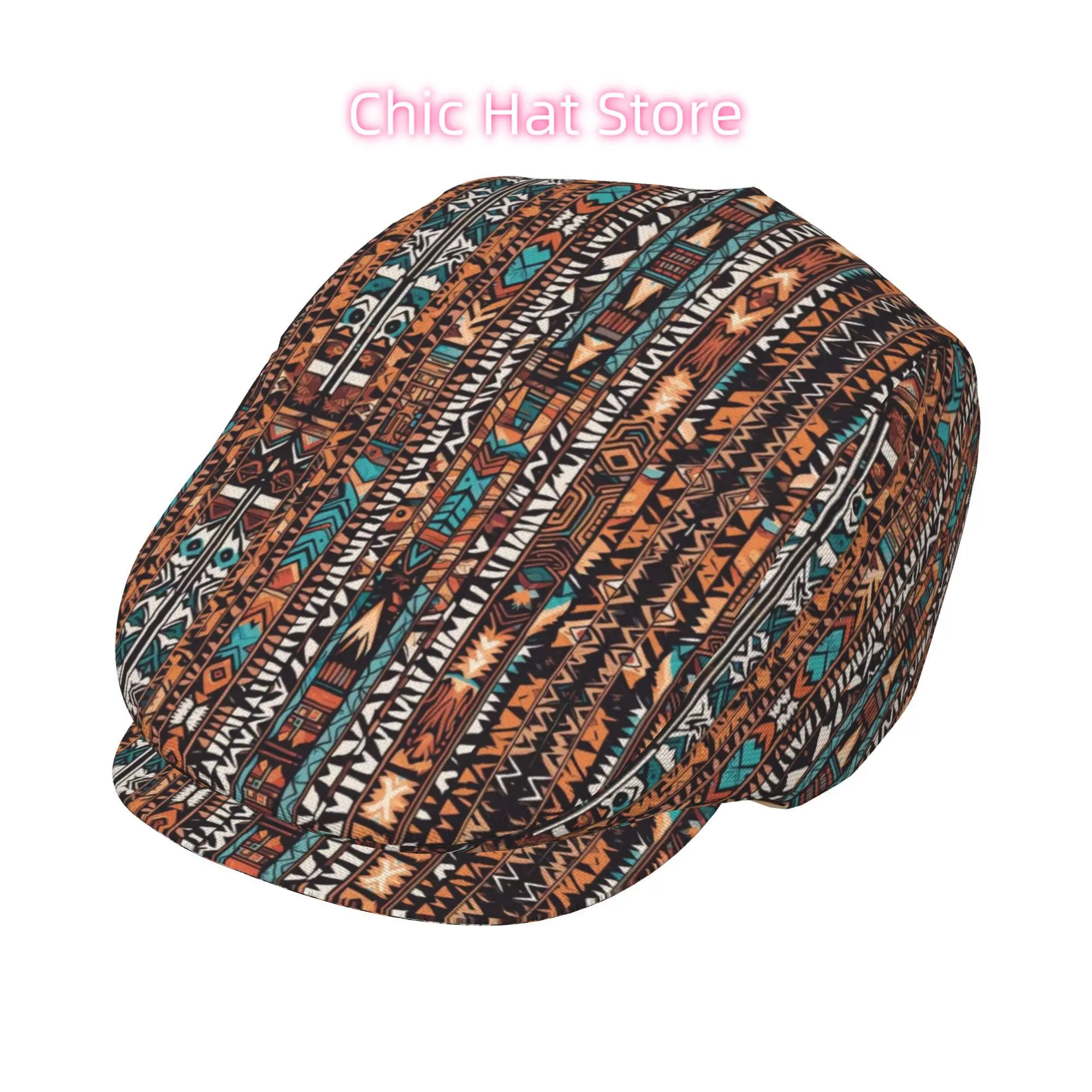 1pc Tribal Stripe Geometric Pattern All-Over Print Flat-Top Hat for Men And Women, Newsboy Cap, Beret, Irish Hat, Driver Cap, Re