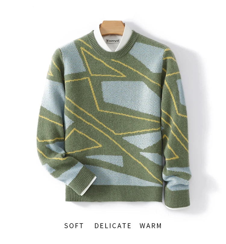 

100% Australian wool sweater crew neck thickened color matching sweater loose business casual cashmere knitted bottoming shirt