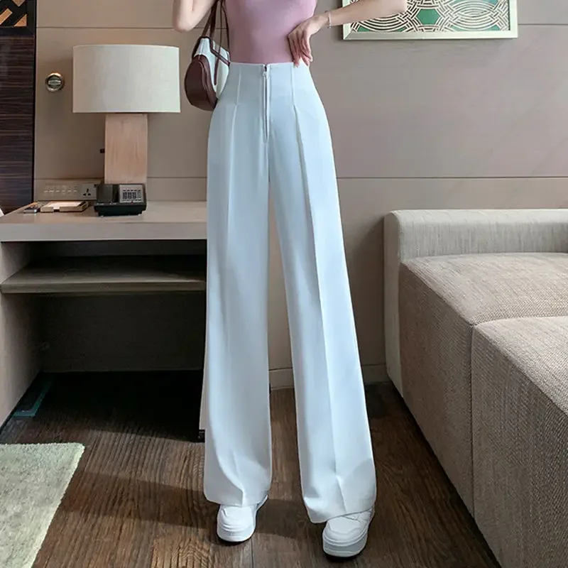 Korean Fashion New High-Waist Zipper Loose Thin Section Women's Wide-Leg Straight Suit Slim And Versatile Trousers Y2k Pants