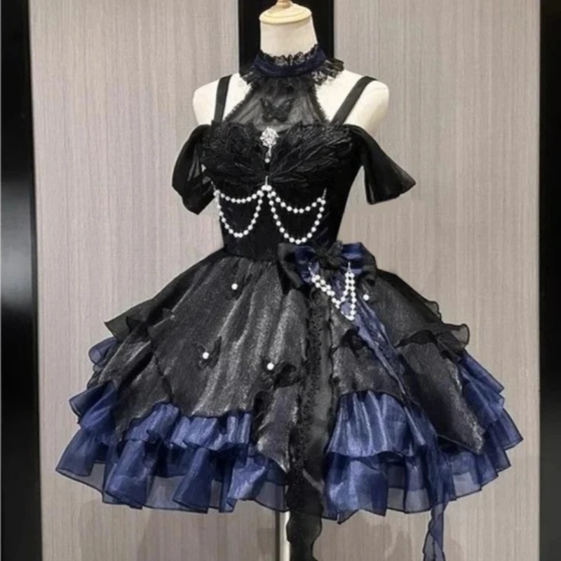 Japanese Sweet Lolita JSK Dress White Heart Dot Strap Lace Ruffle Big Bow Corset Lace Up Tiered Mini Skirt Y2K Sweet Dress view 6