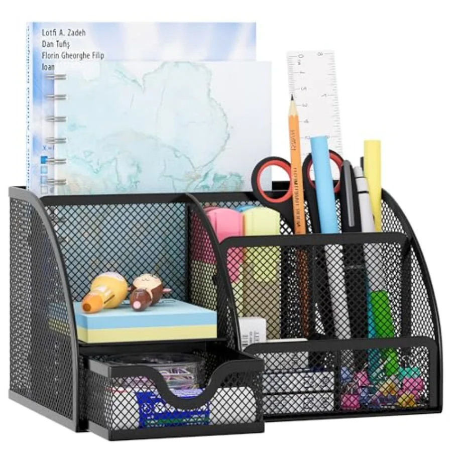 Mesh Desk Organizer with Drawer Multi-functional Pen Holder Stationery Organizer for Office School Supplies 6 Compartments Dorm