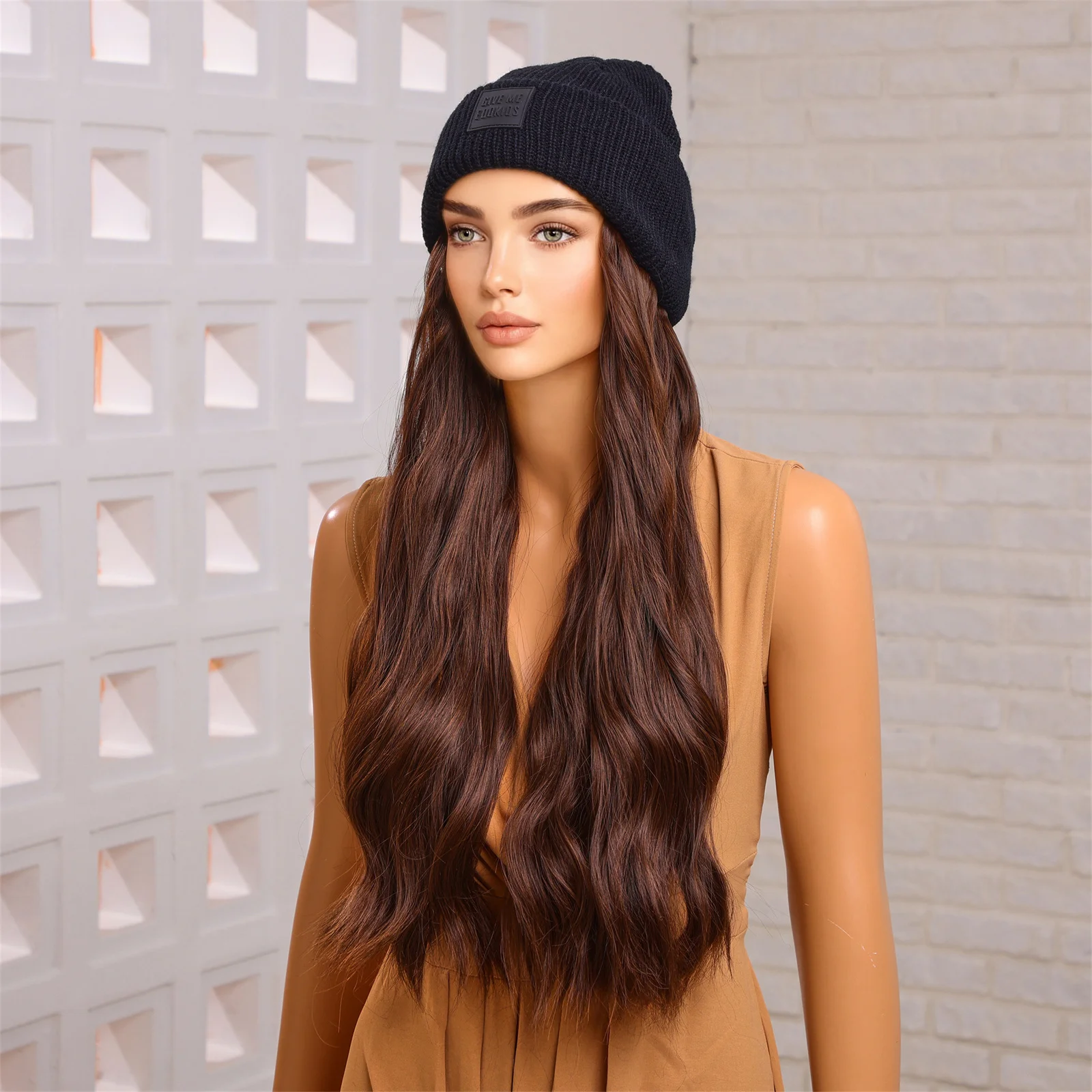 Blond Unicorn Hat wigs Cap with Hair Hat Wig Brown Body Wavy Wig Connect Synthetic Hair Women Daily Party High Temperature