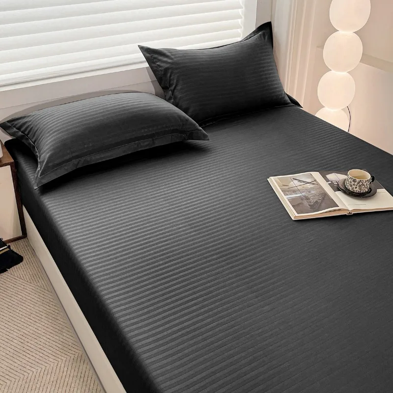 Solid color striped abraded embossed fitted sheet three-piece set household machine washable mattress protective cover