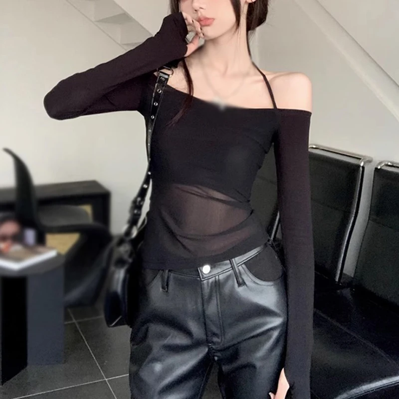 Mesh Black Crop Top Shirt Women Patchwork Tube Top Sexy Sleeveless Off Shoulder Halter Summer Streetwear Slim  Tank Tops Shirt