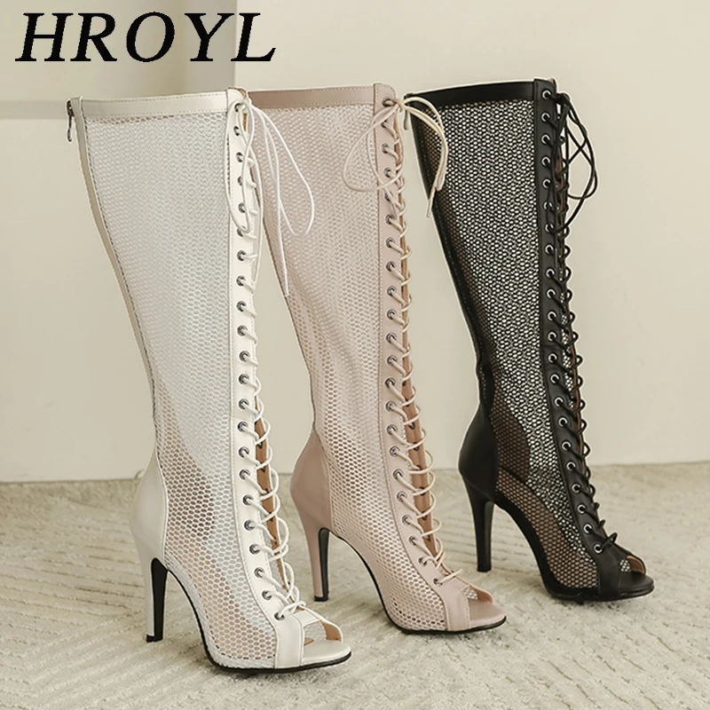 HROYL Over-the-knee Long-tube Ladies Dance Boots Sexy Lace Hollow Mesh Dance Boots Breathable Black Prom Dance Shoes Woman/Girls