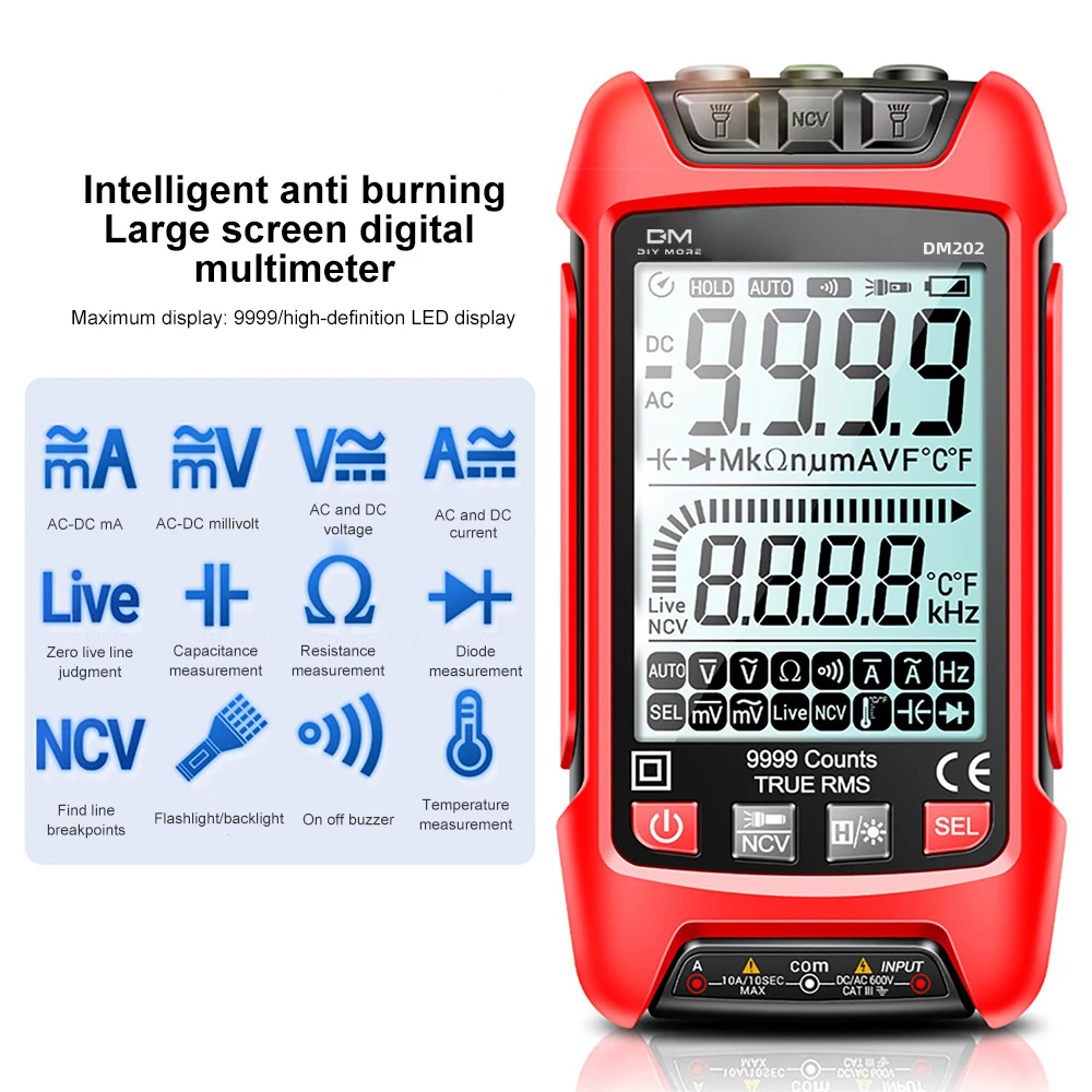 Digital Multimeter 6000/9999 Counts AC DC Voltmeter Ammeter True RMS Auto Electrical Capacitance Transistor Tester DM201 DM202