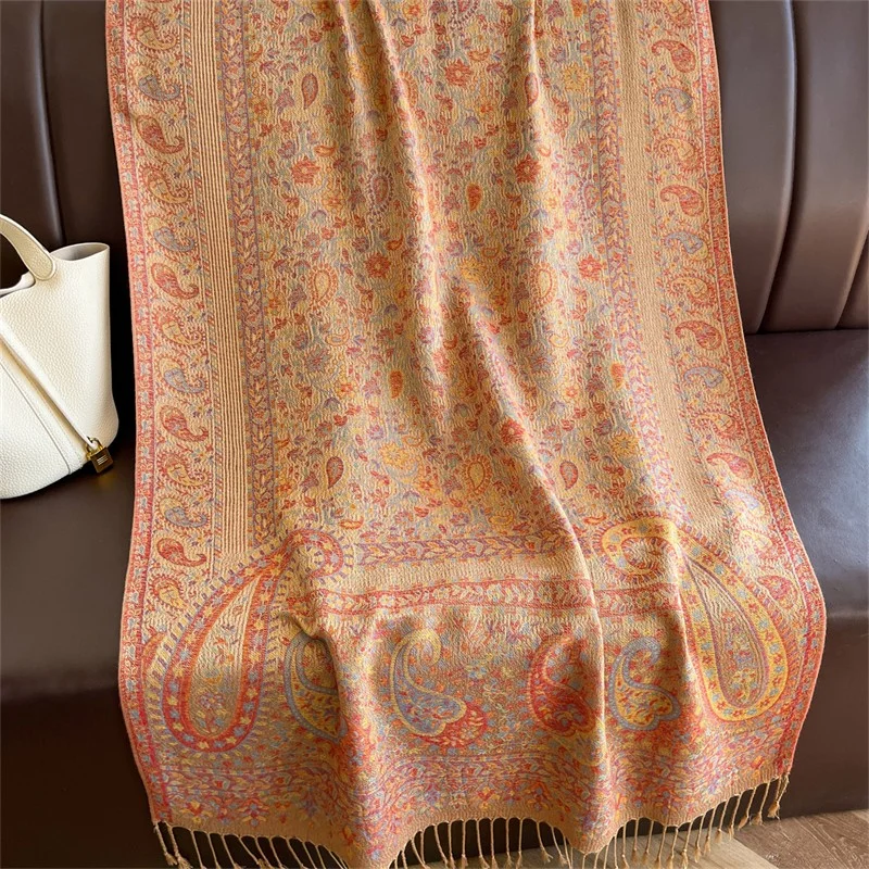 Luxury Camel Paisley Jacquard Shawl Women Fringe Wrap Scarf For Bridal Wedding Party Evening Gown Anniversary Gift