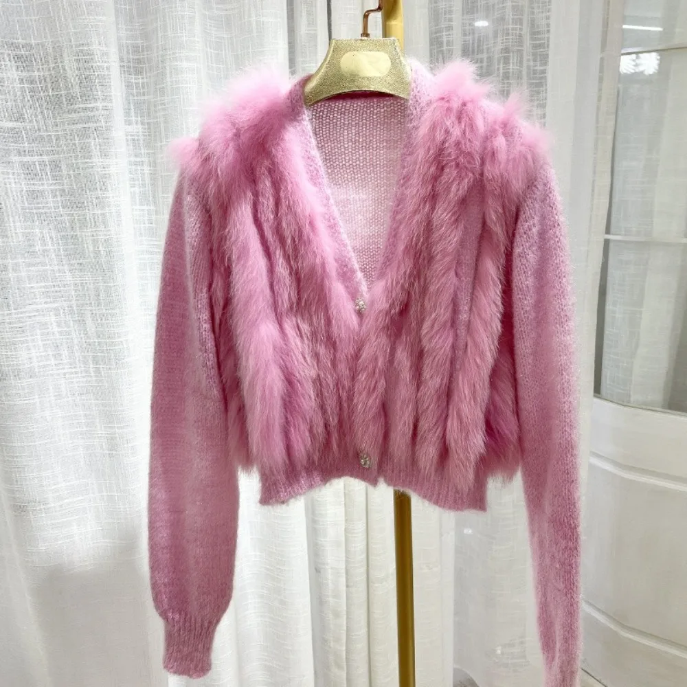 2024 Fashion Women Spring Short Knitted Cardigan Coat with Real Fox Fur Fur Loose Natural Fox Fur Jacket Female Cropped Sweaters