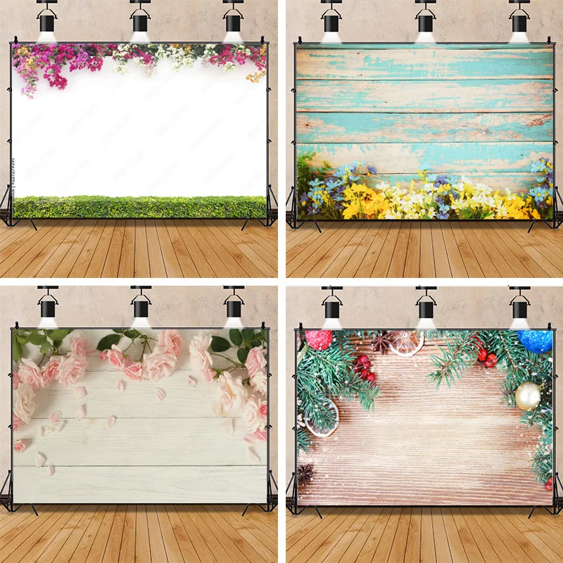 

SHUOZHIKE Art Fabric Photography Backdrop Simulated Flowers and Wooden Board Photography Studio Background WYY-11