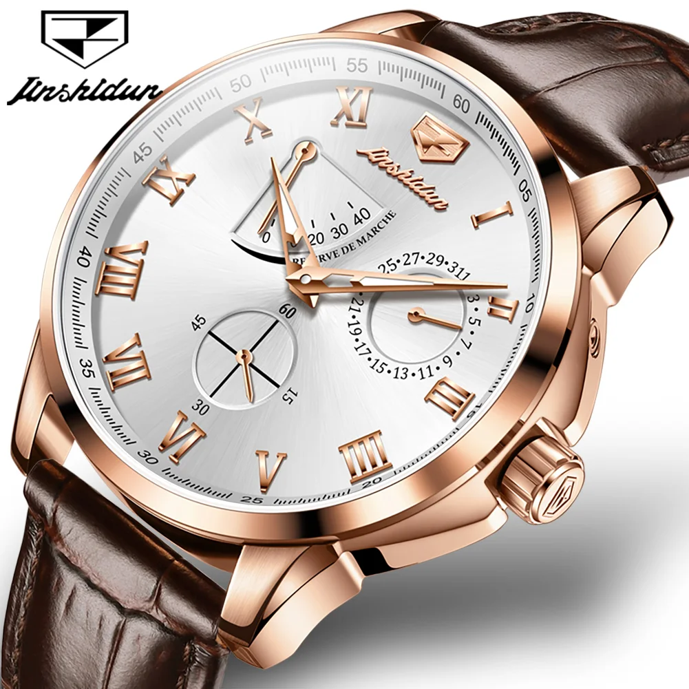 JSDUN Tidal Mechanical Watch for Men Compass Calendar Waterproof Wristwatch Leather Strap Luxury Top Brand Chronograph Man Watch