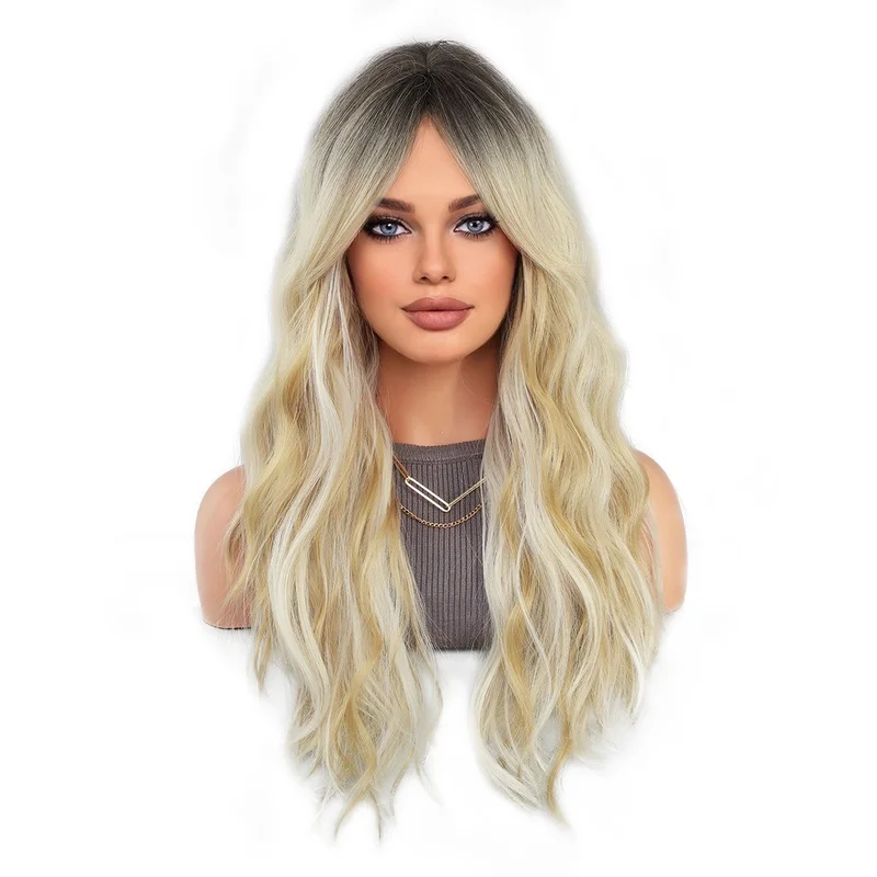 Long wavy hair with parted bangs synthetic fiber high-temperature hairpiece