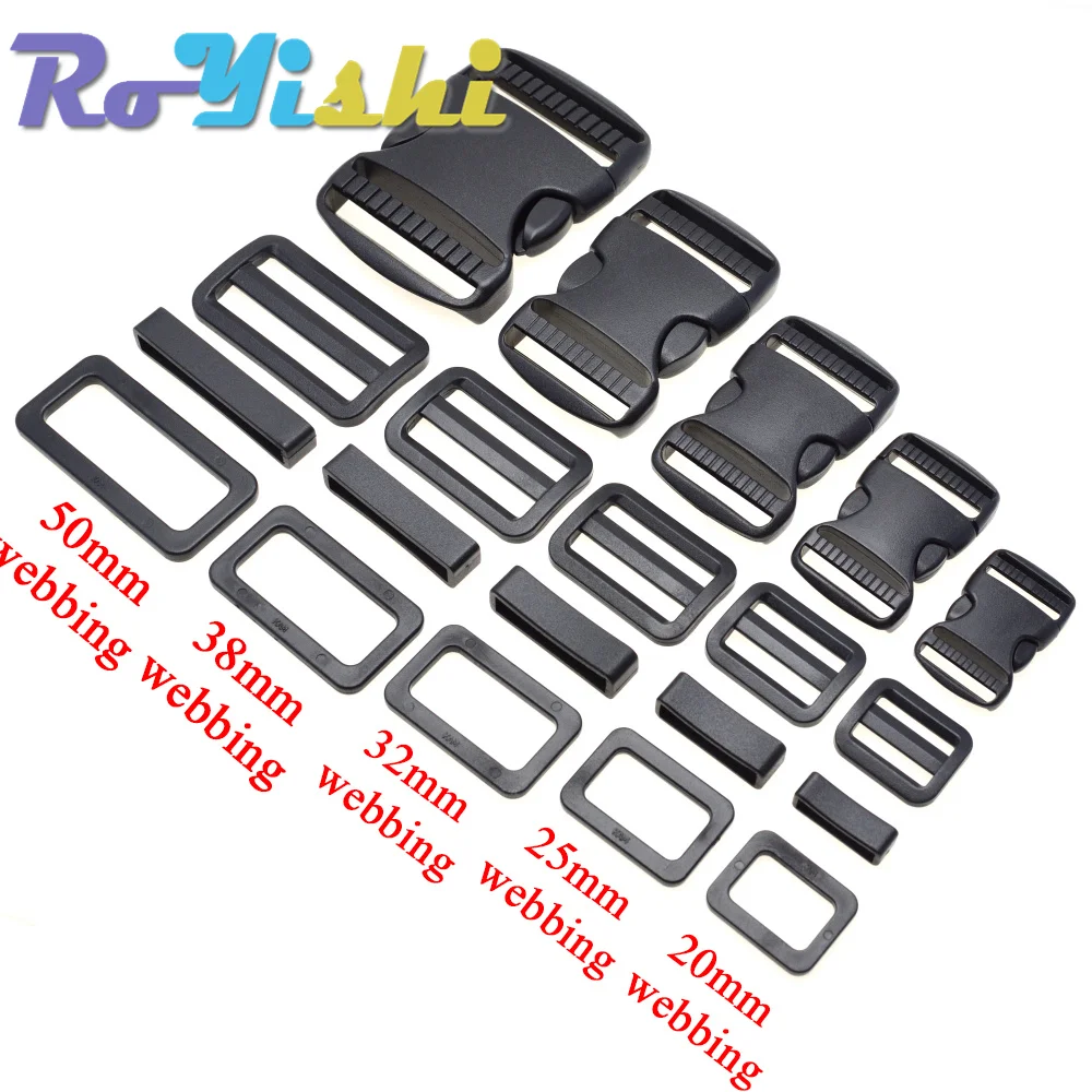 1 Set 20mm 25mm 30mm 38mm 50mm Plastic Slider Adjustable Rectangle Ring Belt Loop Curved Side Release Buckles For Paracord