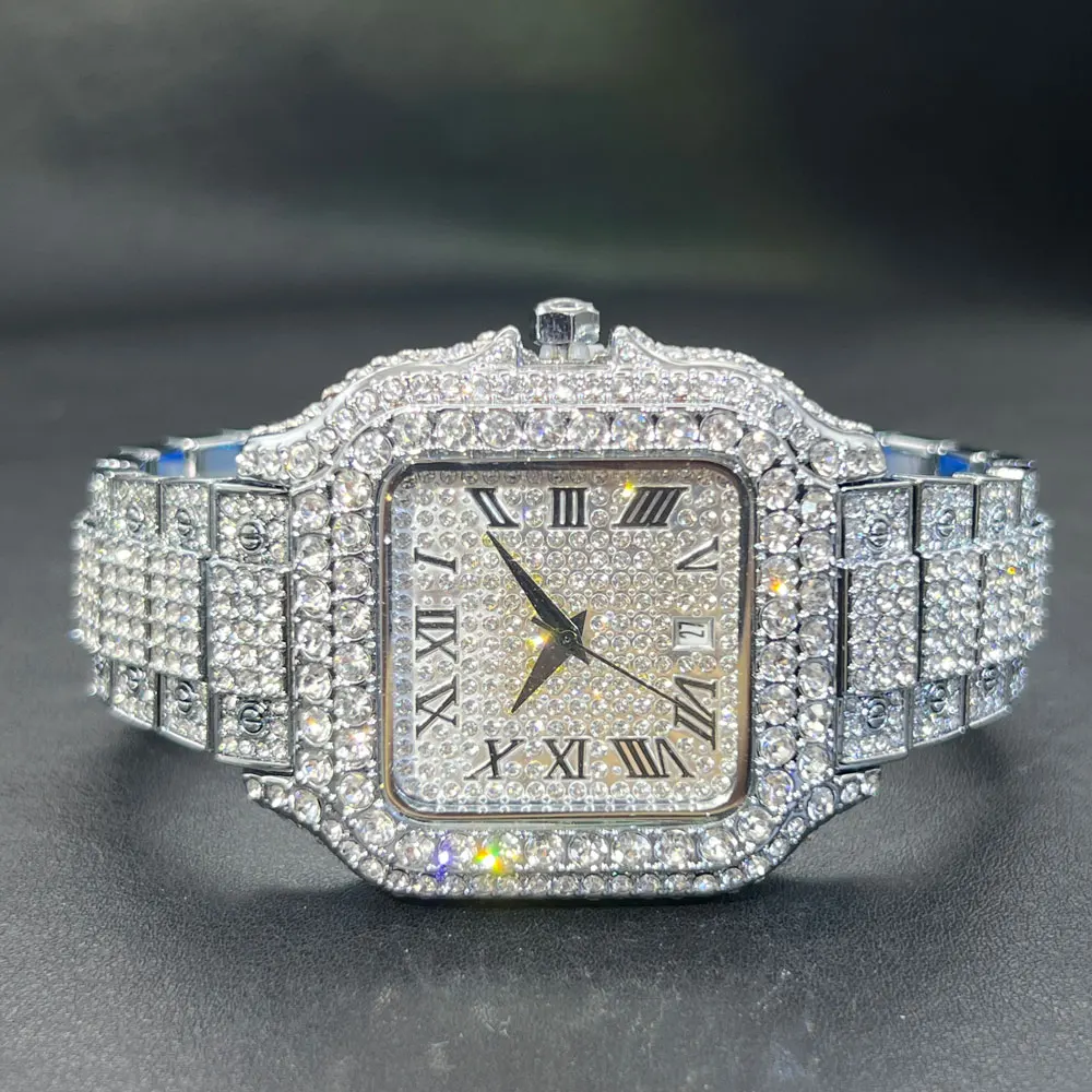 

Роскошные мужские часы с бриллиантами в стиле хип-хоп, наручные часы BlingBling Iced Out, модные квадратные водонепроницаемые часы из нержавеющей стали 2025