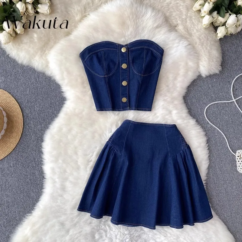 

WAKUTA American Vintage Strapless Vest High Waist A-Line Halter Sweetheart Coolred Spice Girl Denim Set Skirt Кастюмы Для Женщин