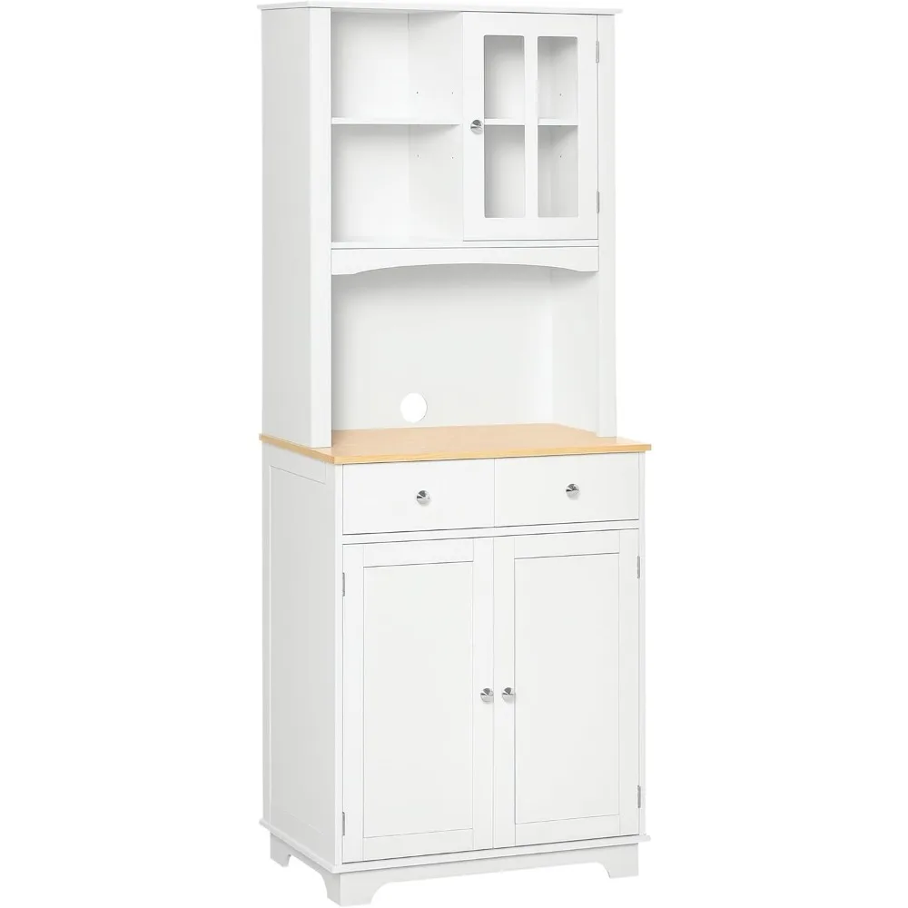 

67" Kitchen Buffet with Hutch, Microwave Cabinet with Framed Doors, 2 Drawers, Open Countertop, Cupboard for Dining Room, White