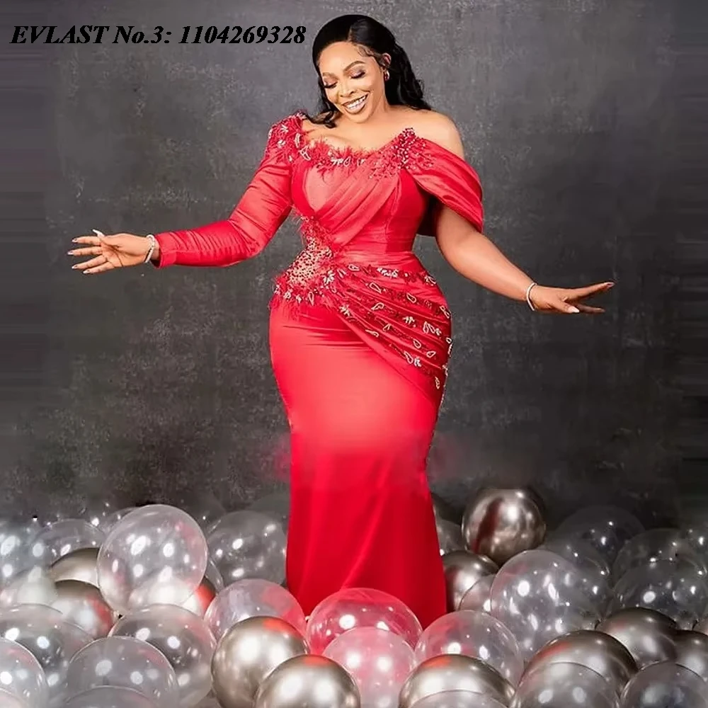

EVLAST Customized Aso Ebi Red Mermaid Prom Dress African Off Shoulder Lace Applique Beading Evening Gown Robe De Soirée E3P398