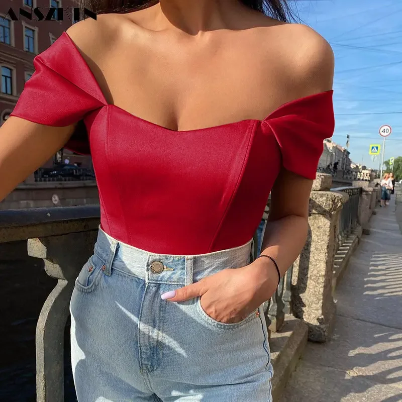 ANSZKTN Summer Latest Boob Tube Crop Tank Solid One Shoulder Tops Women