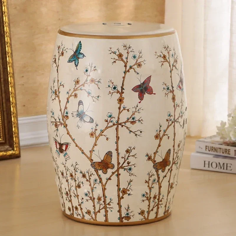 Ceramic Vanity Stool Shoe Stool  Flower Bird Drum Stool Porcelain Pier Embroidered Ottoman Home Decoration H45X28cm